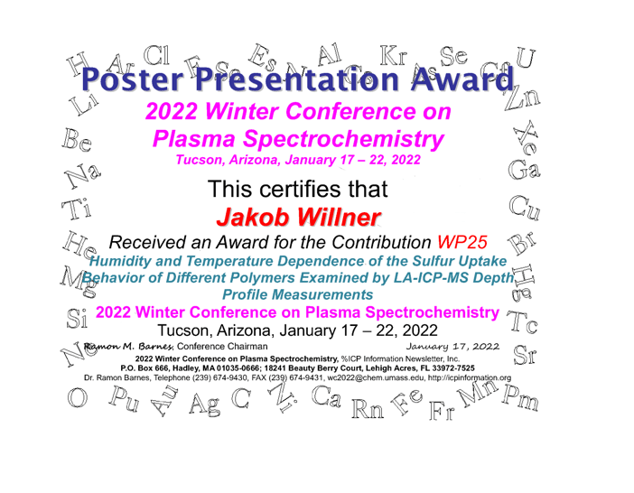 Poster award – Winter Conference of Plasma Spectrochemistry